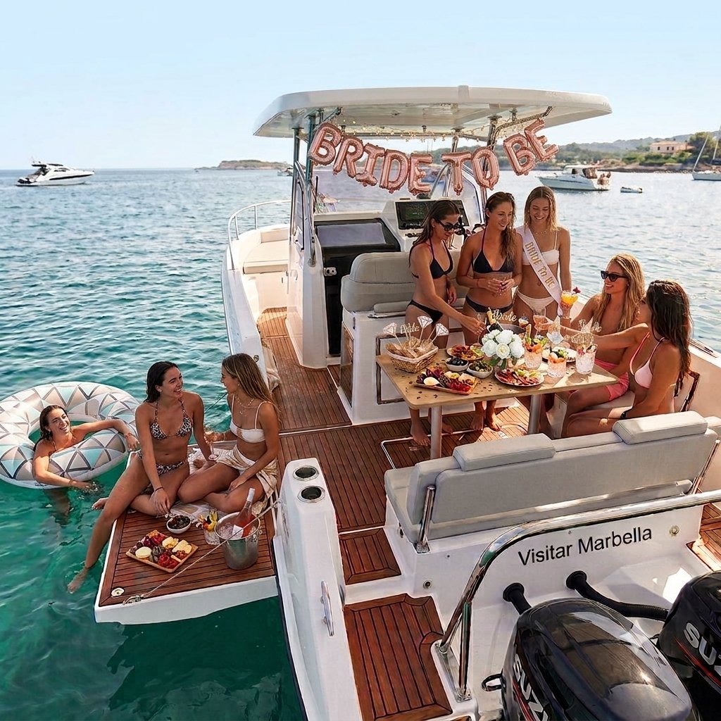 Hen party celebrating with the bride aboard the Visitar Marbella Beneteau Flyer 9 at anchor off Marbella